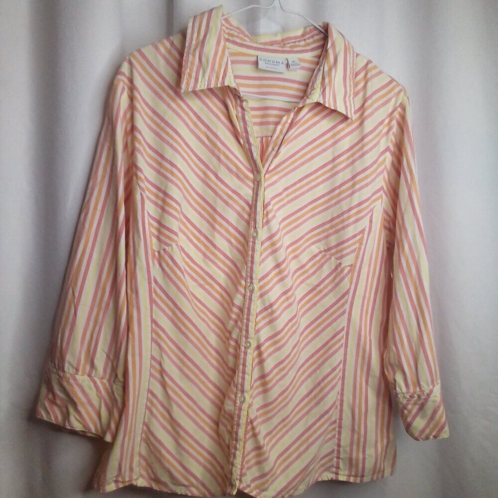 Sonoma Button Up Shirt XL Women 3/4 Sleeve Stripe Orange Yellow